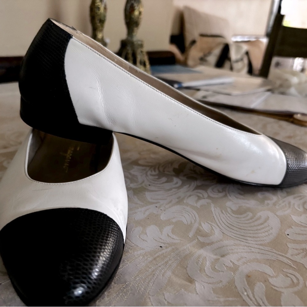 Vintage Ferragamo white leather flats with black toe cap